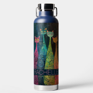 Cute Whimsical Cats with Name  Water Bottle