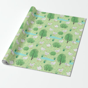 Cute Whimsical Chicken Meadow Green Field Hens Wrapping Paper