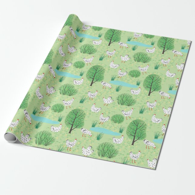 Cute Whimsical Chicken Meadow Green Field Hens Wrapping Paper (Unrolled)