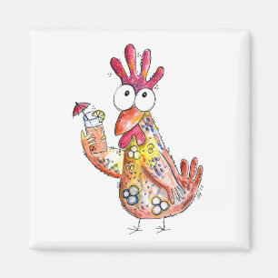 Cute Whimsical Chicken with Tropical Drink Magnet