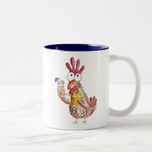 Cute Whimsical Chicken with Tropical Drink Two-Tone Coffee Mug