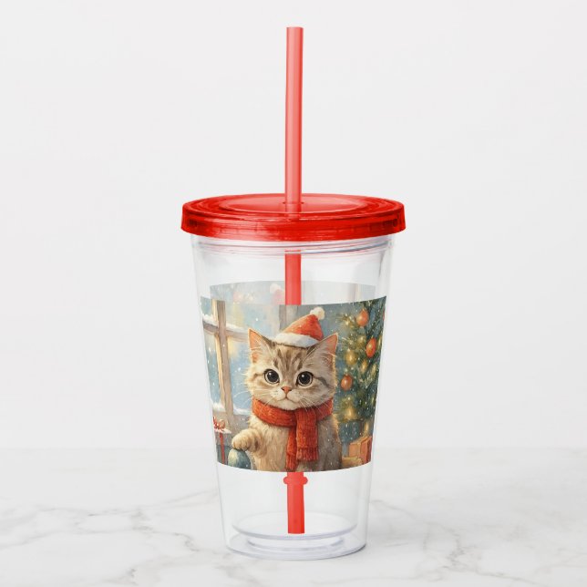 Cute Whimsical Christmas cat Acrylic Tumbler (Front)
