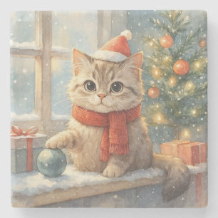 Cute Whimsical Christmas cat Stone Coaster