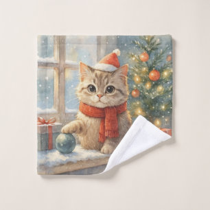 Cute Whimsical Christmas cat Wash Cloth