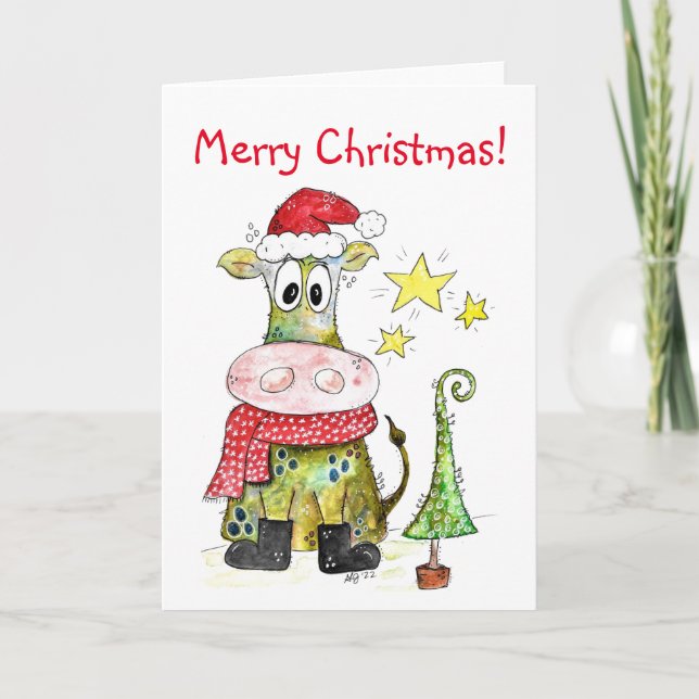Cute Whimsical Christmas Cow Card (Front)