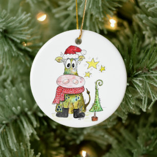 Cute Whimsical Christmas Cow Ceramic Tree Decoration