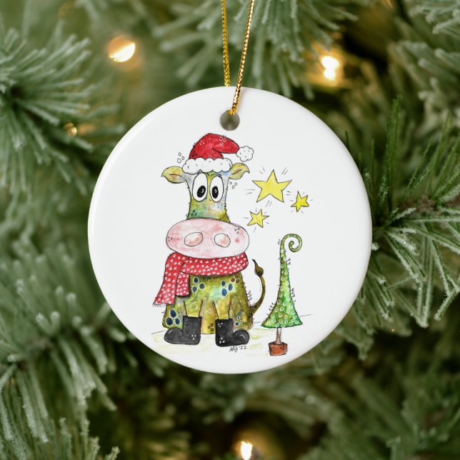 Cute Whimsical Christmas Cow Ceramic Tree Decoration (Tree)