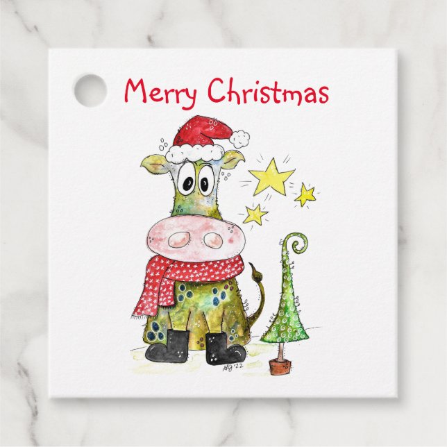 Cute Whimsical Christmas Cow Favour Tags (Front)