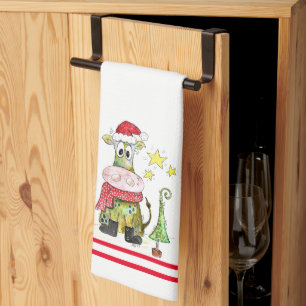 Cute Whimsical Christmas Cow Tea Towel
