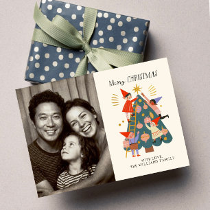 Cute Whimsical Christmas Elves and Tree Family Card