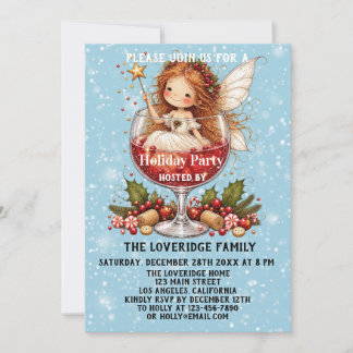 Cute Whimsical Christmas Fairy Blue Holiday Party  Invitation