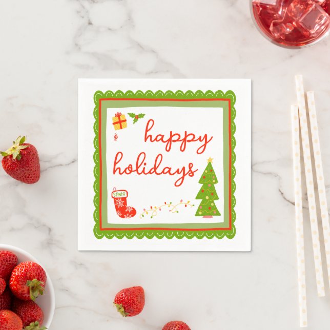 Cute Whimsical Christmas Icons HAPPY HOLIDAYS Napkin (Insitu)