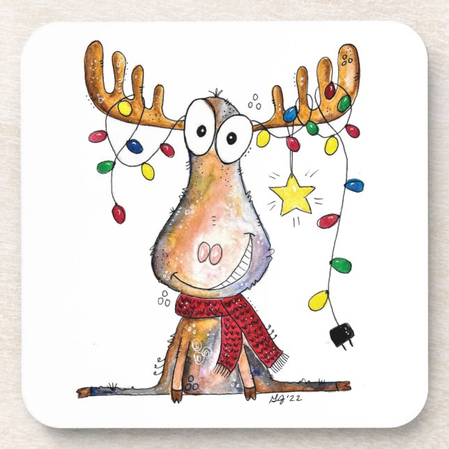 Cute Whimsical Christmas Moose Coaster (Front)