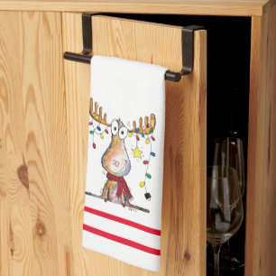 Cute Whimsical Christmas Moose Tea Towel