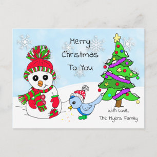 Cute Whimsical Christmas Snowman and Bird Postcard