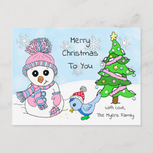 Cute Whimsical Christmas Snowman and Bird Postcard