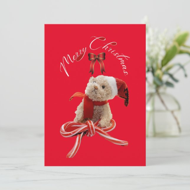 Cute  Whimsical Christmas Teddy Bear  Message  Holiday Card (Standing Front)