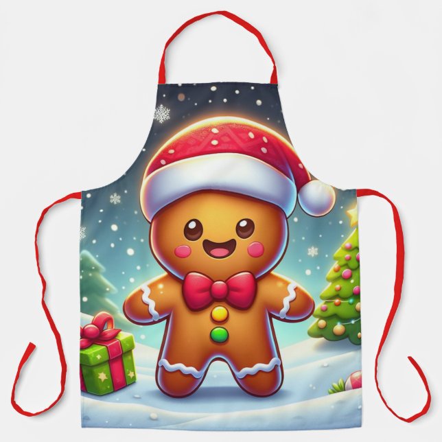 Cute Whimsical Christmas/winter gingerbread man Apron (Front)