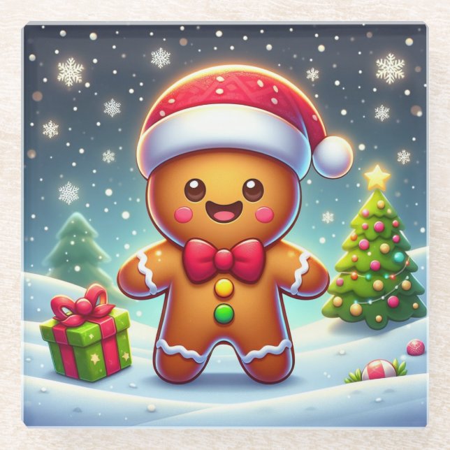 Cute Whimsical Christmas/winter gingerbread man Glass Coaster (Front)