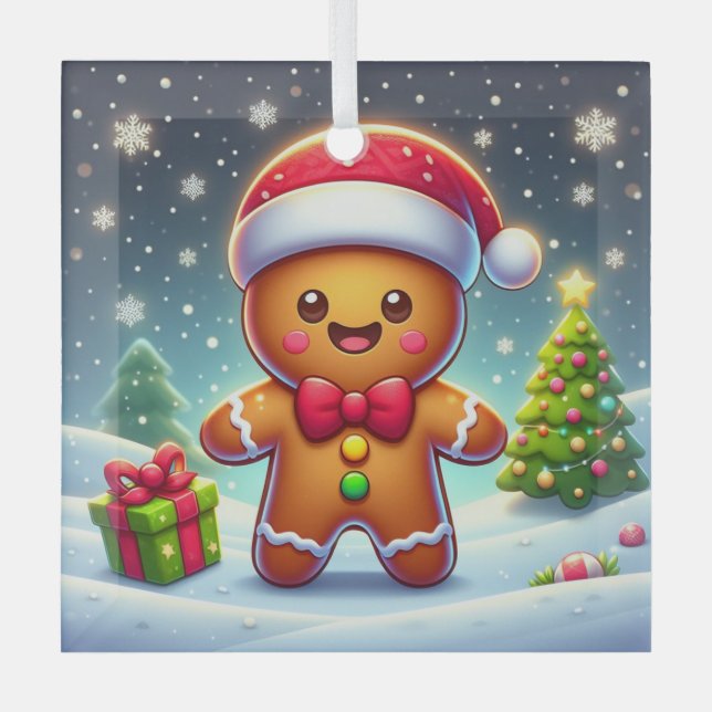 Cute Whimsical Christmas/winter gingerbread man Glass Tree Decoration (Front)