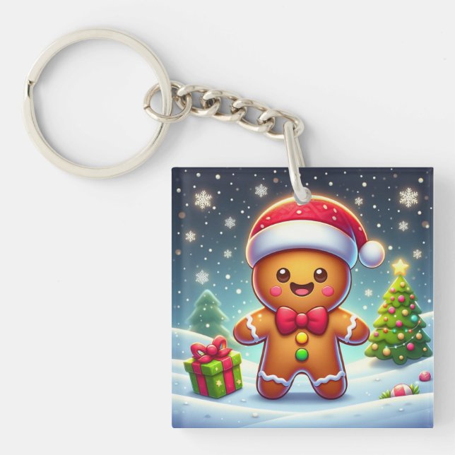 Cute Whimsical Christmas/winter gingerbread man Key Ring (Front)