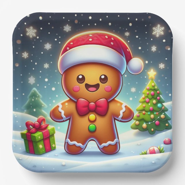 Cute Whimsical Christmas/winter gingerbread man Paper Plate (Front)