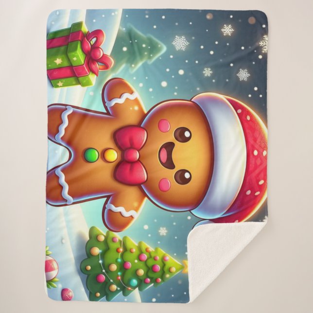 Cute Whimsical Christmas/winter gingerbread man Sherpa Blanket (Front)