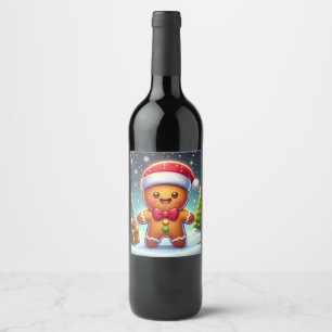 Cute Whimsical Christmas/winter gingerbread man Wine Label