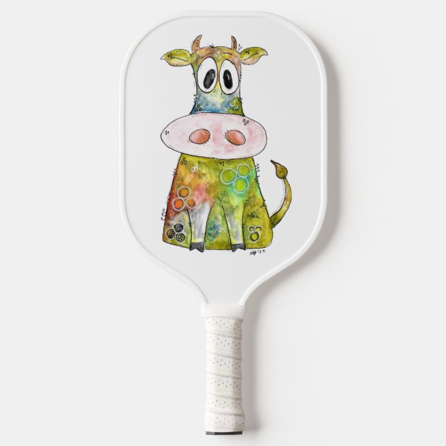 Cute Whimsical Colorful Cow Pickleball Paddle (Front)