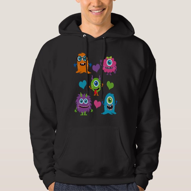 Cute Whimsical Colorful Little Monsters With Heart Hoodie (Front)
