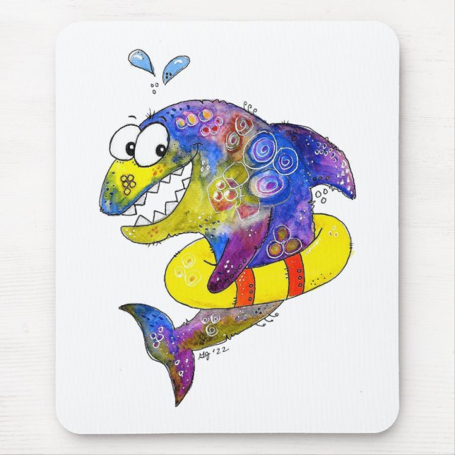 Cute Whimsical Colorful Shark in Float Mouse Mat (Front)