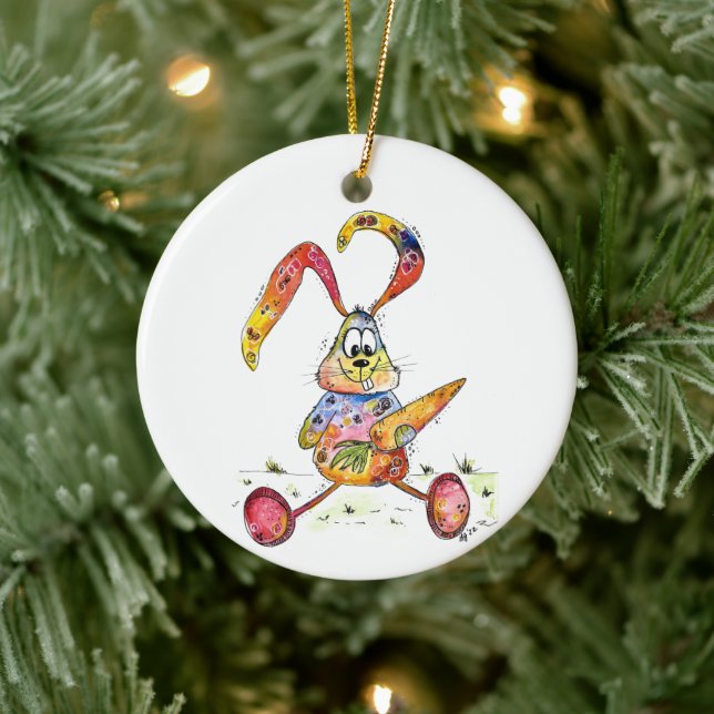 Cute Whimsical Colourful Bunny with Carrot Ceramic Tree Decoration (Tree)