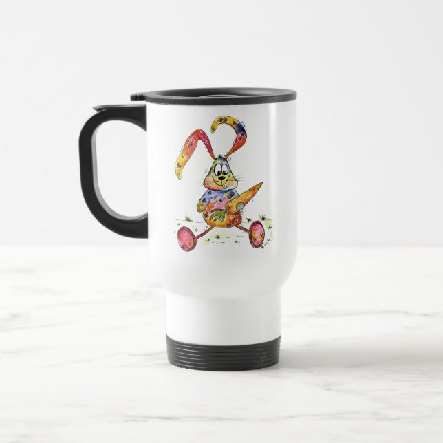 Cute Whimsical Colourful Bunny with Carrot Travel Mug (Left)