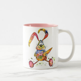 Cute Whimsical Colourful Bunny with Carrot Two-Tone Coffee Mug