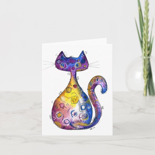 Cute Whimsical Colourful Cat Card (Front)