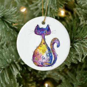 Cute Whimsical Colourful Cat Ceramic Tree Decoration