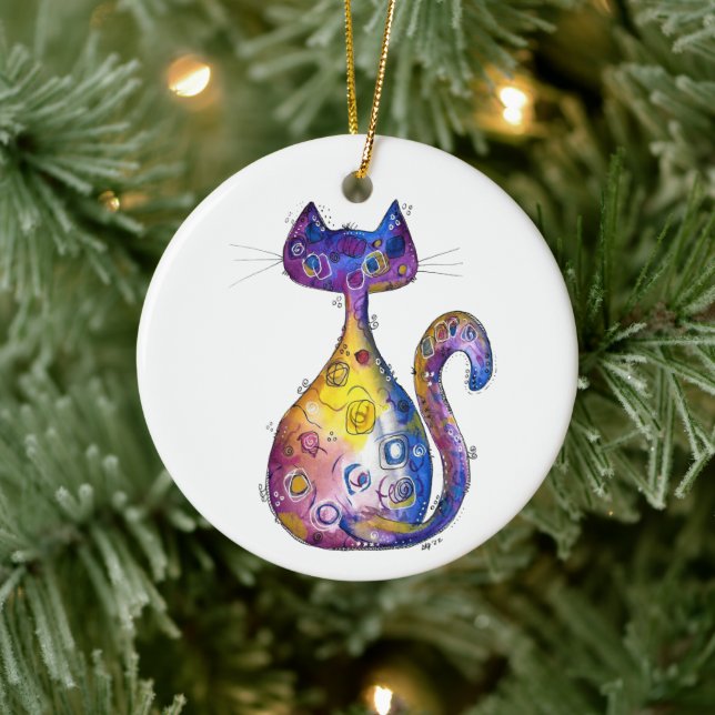 Cute Whimsical Colourful Cat Ceramic Tree Decoration (Tree)