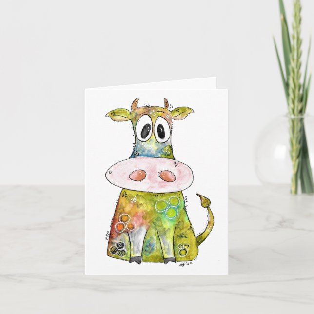 Cute Whimsical Colourful Cow Card (Front)