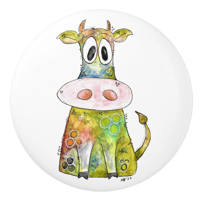 Cute Whimsical Colourful Cow Ceramic Knob (Front)