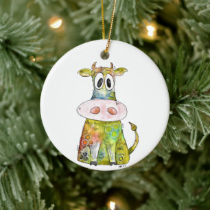 Cute Whimsical Colourful Cow Ceramic Tree Decoration