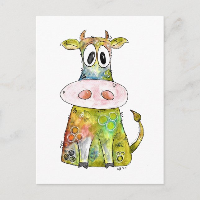 Cute Whimsical Colourful Cow Postcard (Front)