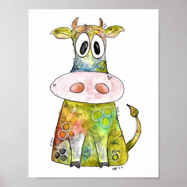 Cute Whimsical Colourful Cow Poster (Front)
