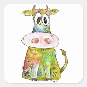 Cute Whimsical Colourful Cow Square Sticker