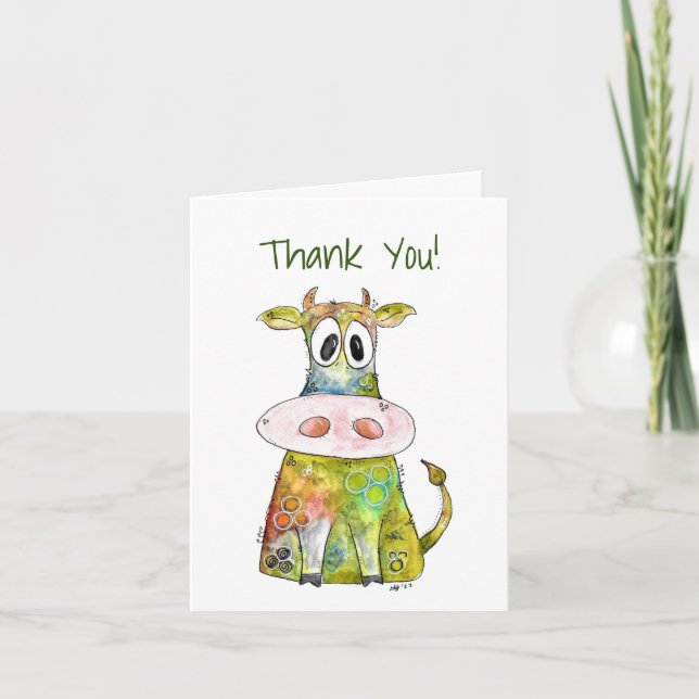 Cute Whimsical Colourful Cow Thank You Card (Front)
