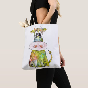 Cute Whimsical Colourful Cow Tote Bag