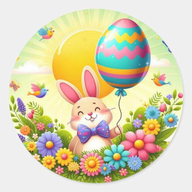 Cute, whimsical & colourful Easter bunny Classic Round Sticker (Front)