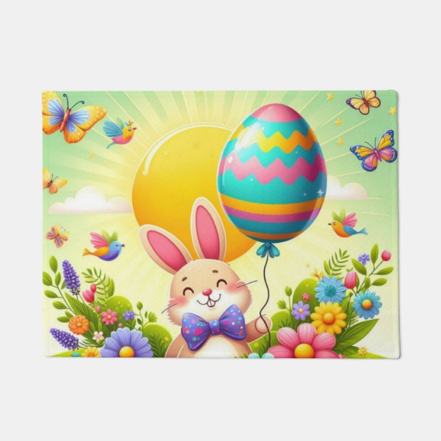 Cute, whimsical & colourful Easter bunny Doormat (Front)