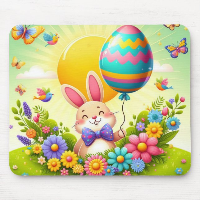 Cute, whimsical & colourful Easter bunny Mouse Mat (Front)