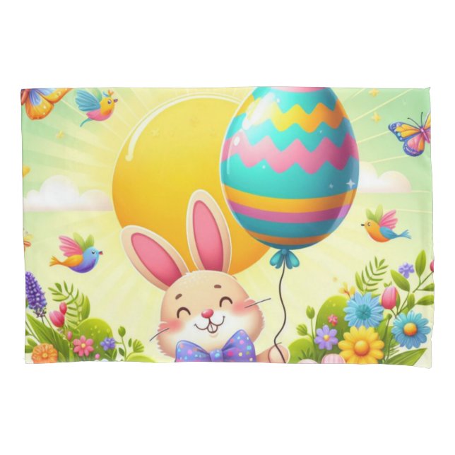 Cute, whimsical & colourful Easter bunny Pillowcase (Front)