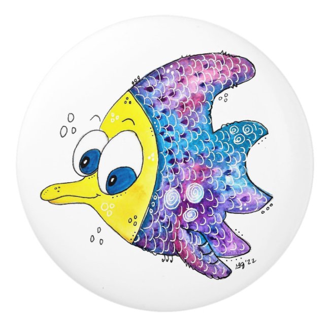 Cute Whimsical Colourful Fish Ceramic Knob (Front)